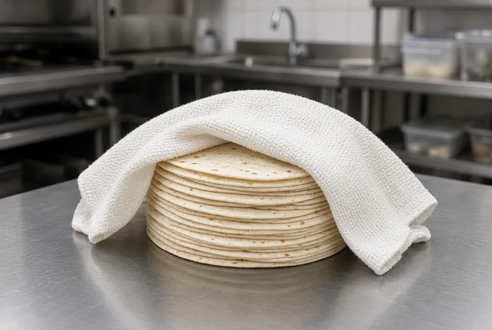Stack of warm flour tortillas covered with a kitchen towel